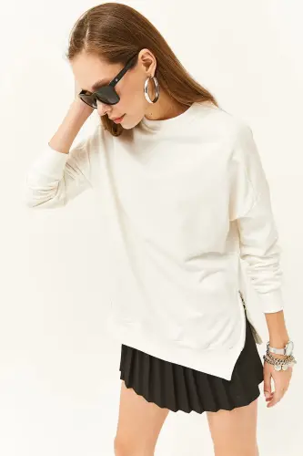Ayol Ekru Yonlari Fermuar Detalli İçi Polarlı Kalın Sweatshirt SWT-19000624-Ekru - OLALOOK (1)