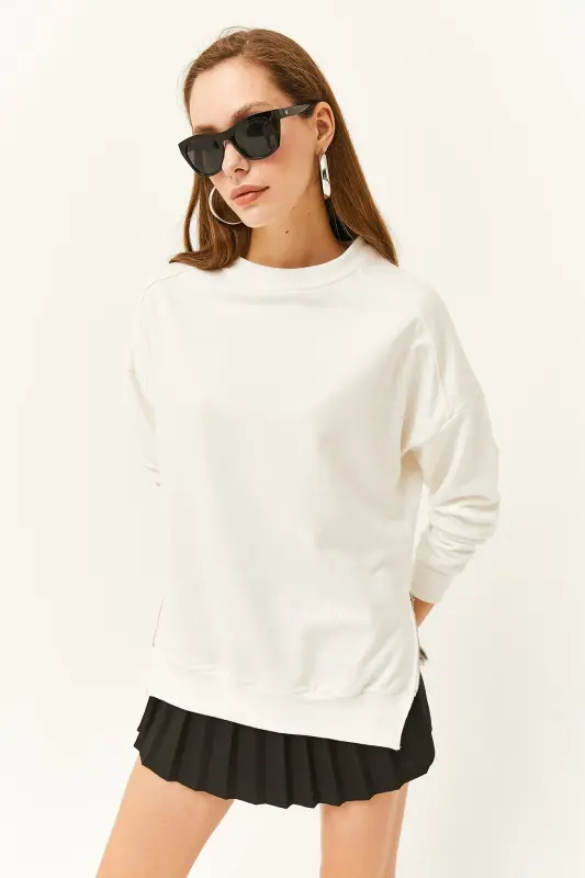 Ayol Ekru Yonlari Fermuar Detalli İçi Polarlı Kalın Sweatshirt SWT-19000624-Ekru - 4