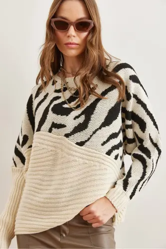 Ayol Ekru Zebra Tafsilotli Trikotaj Kozok KZK-19000819-Ekru - 3