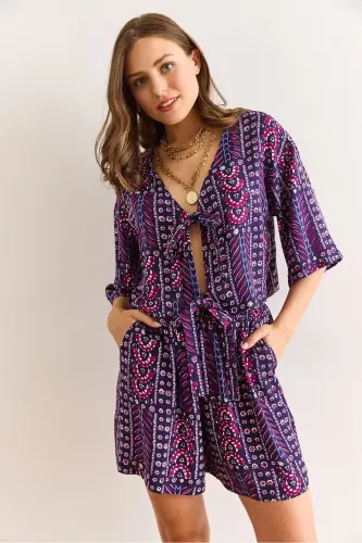 Ayol Etnik Binafsha Ustki Bluza Pastki Cho'ntakli Short To'quv Vis - 4