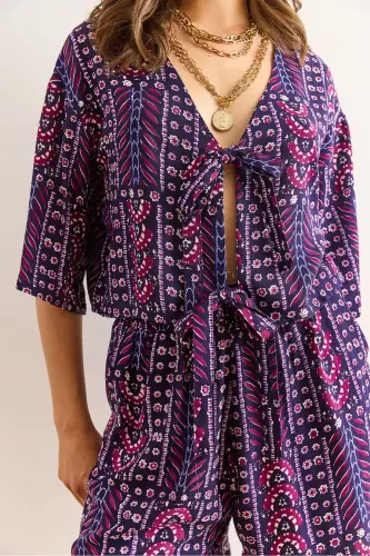 Ayol Etnik Binafsha Ustki Bluza Pastki Cho'ntakli Short To'quv Vis - 6