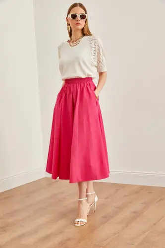 Ayol fuchsia cho'ntakli elastik bel midi to'quv qo'ng'iroq yubka - 4
