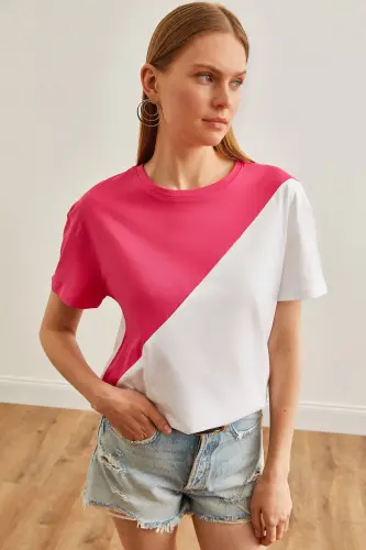 Ayol, Fuchsia, Oq, Asimmetrik Blokli Futbolka TSH-1900 