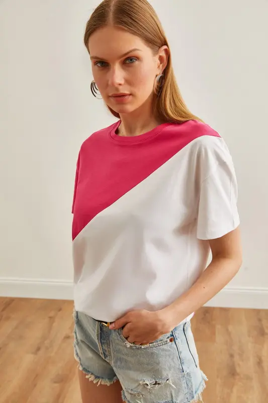 Ayol, Fuchsia, Oq, Asimmetrik Blokli Futbolka TSH-1900 - 4
