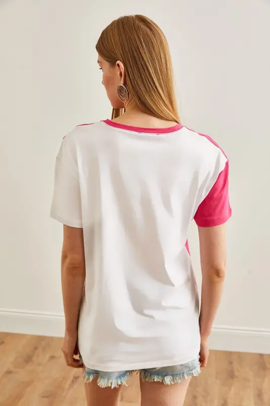 Ayol, Fuchsia, Oq, Asimmetrik Blokli Futbolka TSH-1900 - 5