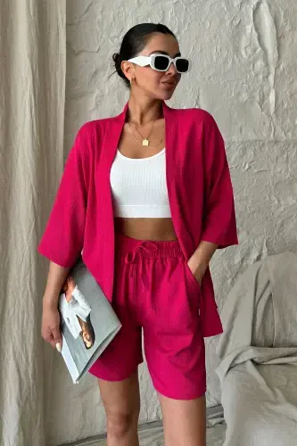 Ayol Fuchsia Pushti Kimono Ko'ylak Short Pastki Yuqori To'plam-Fuchsia Pushti - 4