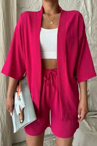Ayol Fuchsia Pushti Kimono Ko'ylak Short Pastki Yuqori To'plam-Fuchsia Pushti - 5