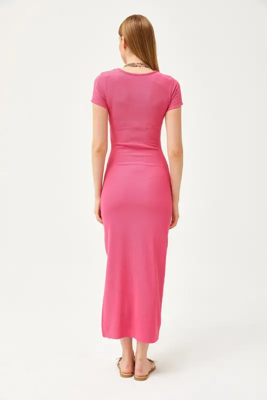 Ayol fuchsia U yoqali likrali ingichka fitilli yirtigli Ottoman ko'ylak ELB-19002080-Fuchsia - 7