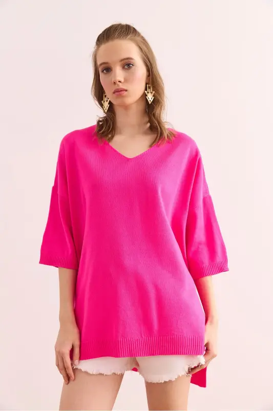 Ayol Fuchsia V yoqali qisqa yengli bluz BLZ-190 - 7