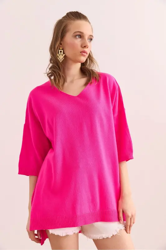 Ayol Fuchsia V yoqali qisqa yengli bluz BLZ-190 - 3