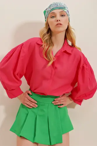 Ayol Fuchsiya Balon Qisma Yopiq Patli Asosiy Poplin Ko'ylak ALC-X9654-Fuchsiya - TREND ALAÇATI STILI (1)