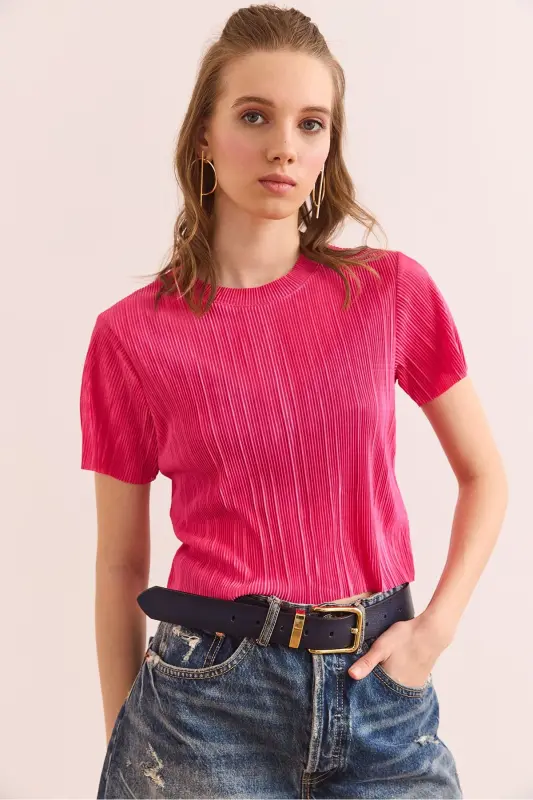 Ayol Fuchsiya Velosiped Yoqasi Pliseli Crop Bluz BLZ-190 - 3