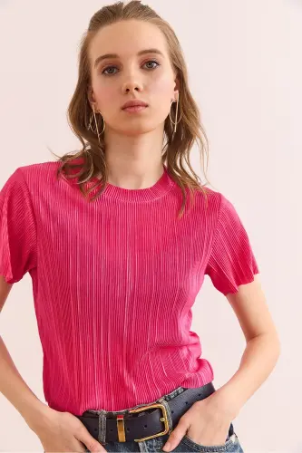 Ayol Fuchsiya Velosiped Yoqasi Pliseli Crop Bluz BLZ-190 - 4