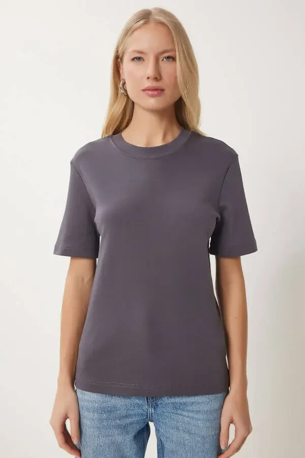 Ayol Füme Oq 2'Lik Paket Paxtadan Ishlangan Basic Triko Futbolka AG00002 - 3