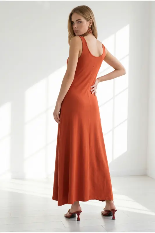 Ayol g‘isht rangli tasmali midi paxta qo‘ng‘iroq libos ELB-19002444 - G‘isht rangli - 4