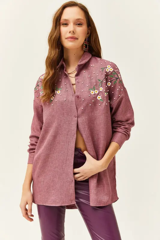 Ayol Gul Kurusu Nakishli Inzhili Yun Effektli Oversize Qishki Ko'ylak GML-19001159-Gul Kurusu - OLALOOK