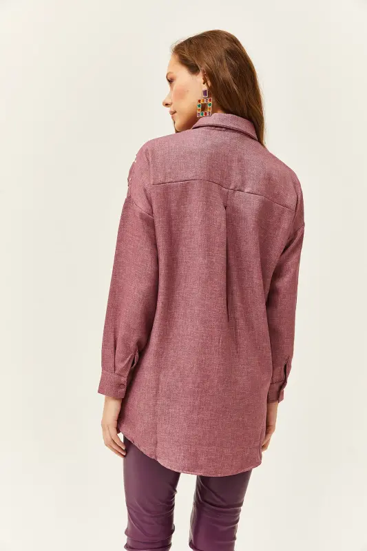 Ayol Gul Kurusu Nakishli Inzhili Yun Effektli Oversize Qishki Ko'ylak GML-19001159-Gul Kurusu - 4