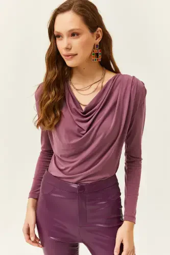 Ayol Gul Kurusu Vatkalı Pileli Degaje Yoqa Bluz BLZ-19002419-Gul Kurusu - 1