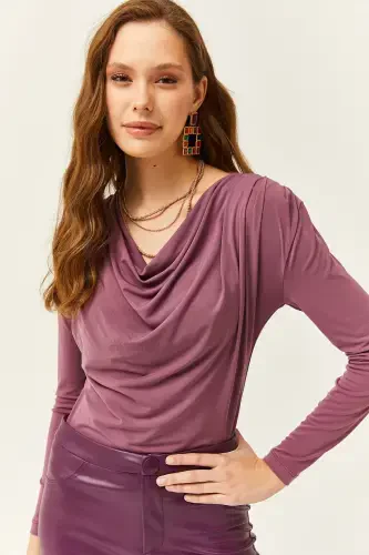 Ayol Gul Kurusu Vatkalı Pileli Degaje Yoqa Bluz BLZ-19002419-Gul Kurusu - 5