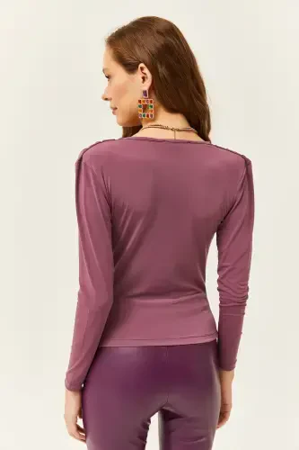 Ayol Gul Kurusu Vatkalı Pileli Degaje Yoqa Bluz BLZ-19002419-Gul Kurusu - 6