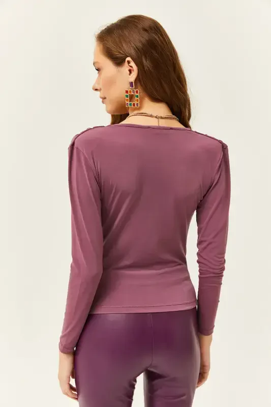 Ayol Gul Kurusu Vatkalı Pileli Degaje Yoqa Bluz BLZ-19002419-Gul Kurusu - 6