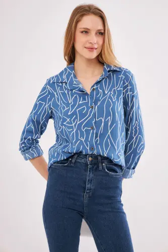 Ayol Indigo chiziqli naqshli uzun qisma ko'ylak ARM-20Y001002-Indigo 