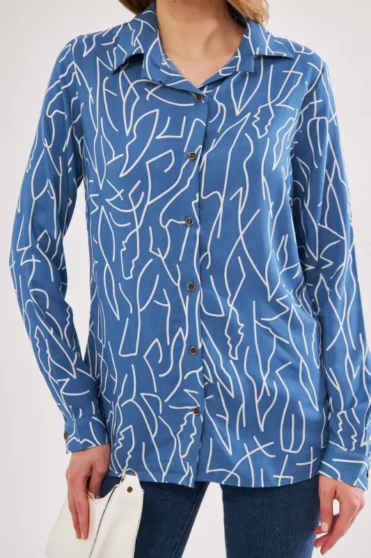 Ayol Indigo chiziqli naqshli uzun qisma ko'ylak ARM-20Y001002-Indigo - 2