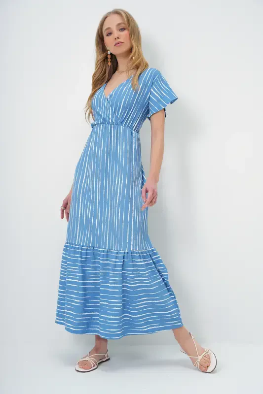 Ayol Indigo-Ekru naqshli kruvaze Maksi bo'yli ko'ylak ALC-X4373-İNDİGO - TREND ALAÇATI STILI