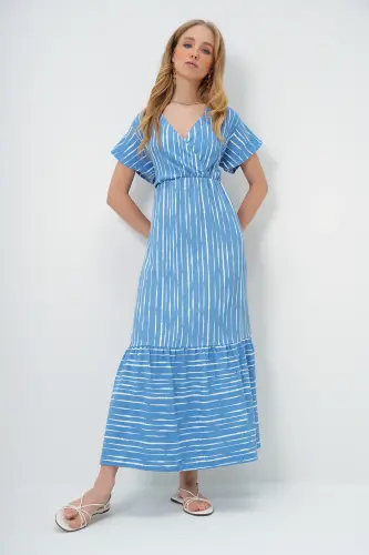 Ayol Indigo-Ekru naqshli kruvaze Maksi bo'yli ko'ylak ALC-X4373-İNDİGO - 5