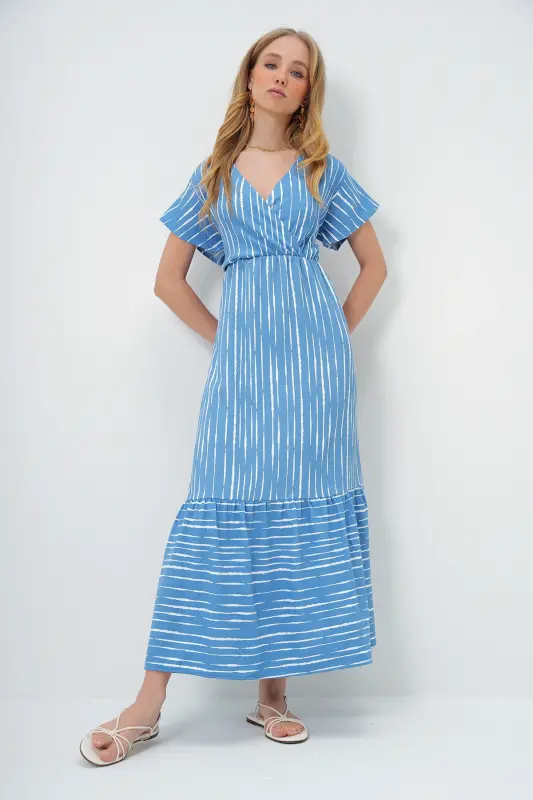 Ayol Indigo-Ekru naqshli kruvaze Maksi bo'yli ko'ylak ALC-X4373-İNDİGO - 5