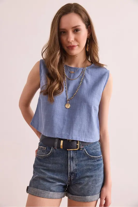 Ayol Indigo Flam Zig'ir Crop Bluz BLZ-19002925-Ind - 2