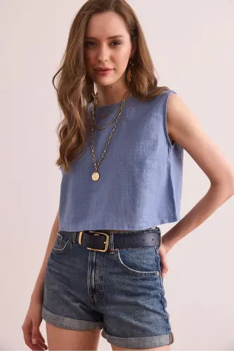 Ayol Indigo Flam Zig'ir Crop Bluz BLZ-19002925-Ind - 3