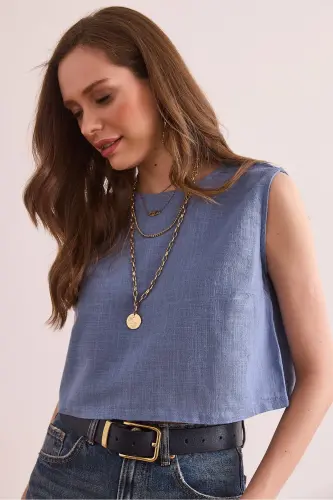 Ayol Indigo Flam Zig'ir Crop Bluz BLZ-19002925-Ind - 4