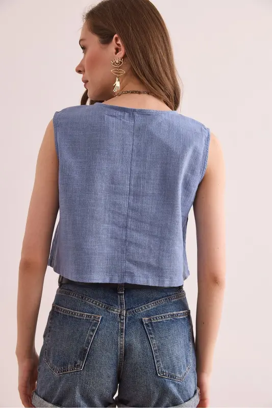 Ayol Indigo Flam Zig'ir Crop Bluz BLZ-19002925-Ind - 5