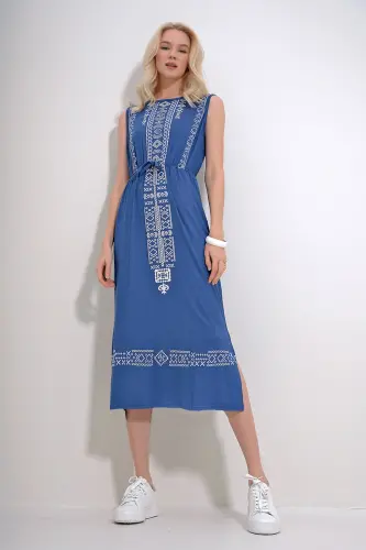 Ayol Indigo Kashta Bosma Bohem Libos ALC-6564-İNDIGO - 4