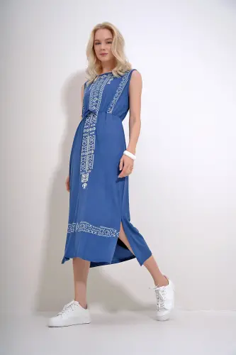 Ayol Indigo Kashta Bosma Bohem Libos ALC-6564-İNDIGO - 5
