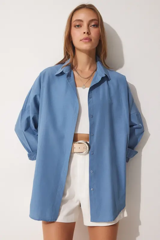 Ayol Indigo Moviy Oversize Uzun Asosiy Ko'ylak DD00842-Indigo Moviy - 4