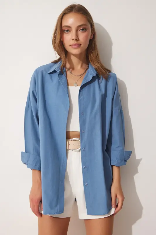 Ayol Indigo Moviy Oversize Uzun Asosiy Ko'ylak DD00842-Indigo Moviy - 5