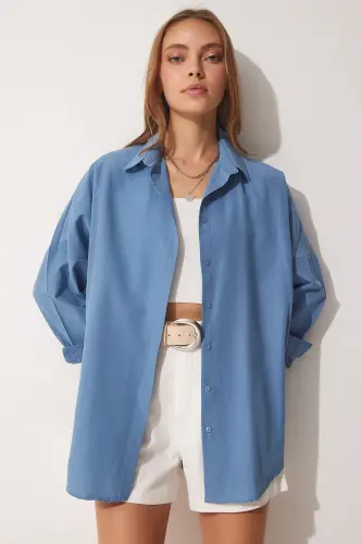 Ayol Indigo Moviy Oversize Uzun Asosiy Ko'ylak DD00842-Indigo Moviy - 1