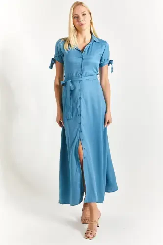 Ayol Indigo Qo'l bog'lamali Beli kamarbendli Ko'ylak libos Arm-23y001004-Indigo - 2