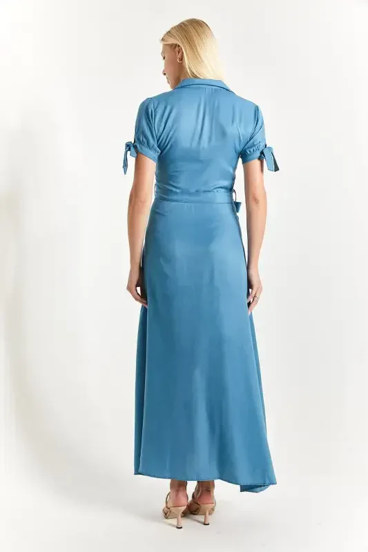 Ayol Indigo Qo'l bog'lamali Beli kamarbendli Ko'ylak libos Arm-23y001004-Indigo - 4