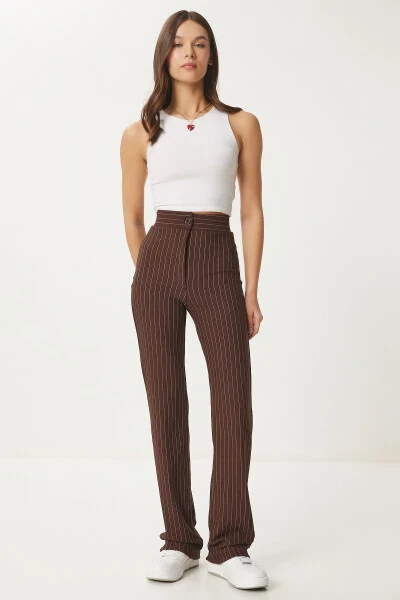 Ayol jigarrang baland belli chiziqli shim RV00094 - HAPPINESS İSTANBUL (1)