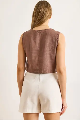 Ayol jigarrang Flam Zig'ir Mato Crop Bluz BLZ-19002925-Jigarrang - OLALOOK (1)