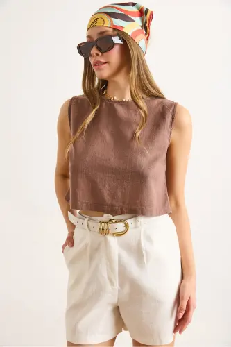 Ayol jigarrang Flam Zig'ir Mato Crop Bluz BLZ-19002925-Jigarrang - 6