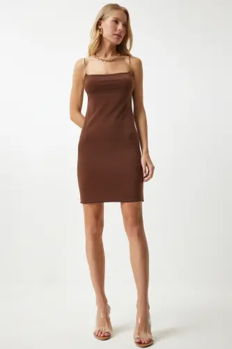 Ayol Jigarrang Ip Bog'ichli Jersi Mini Ko'ylak YK00021-Jigarrang - 2