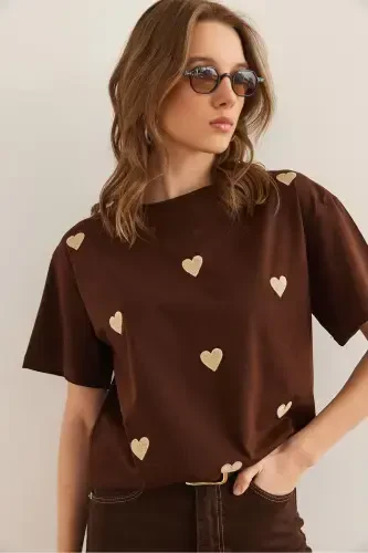 Ayol jigarrang yurak kashtali paxta regular fit Ti - 1