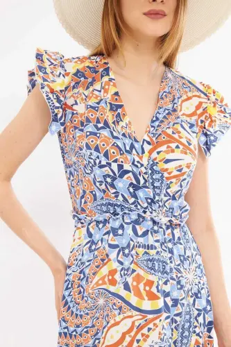 Ayol Kafel Kruvaze Yoqasi Yelkasi Frill Tafsilotli Beli Lastikli Midi Boy Libos ARM-24Y001020-Kafel - 2