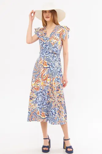 Ayol Kafel Kruvaze Yoqasi Yelkasi Frill Tafsilotli Beli Lastikli Midi Boy Libos ARM-24Y001020-Kafel - 3