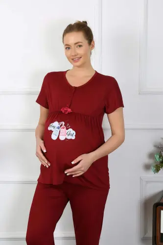 Ayol Kalta Yengli Homilador va Emizikli Ayollar Pyjama To'plami Bordo 45210 - BÜYÜKBEDENIZ (1)