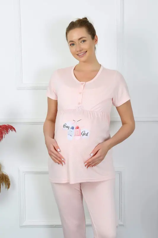 Ayol Kalta Yengli Homilador va Lihusa Pajama To'plami Pushti 45210 - 5
